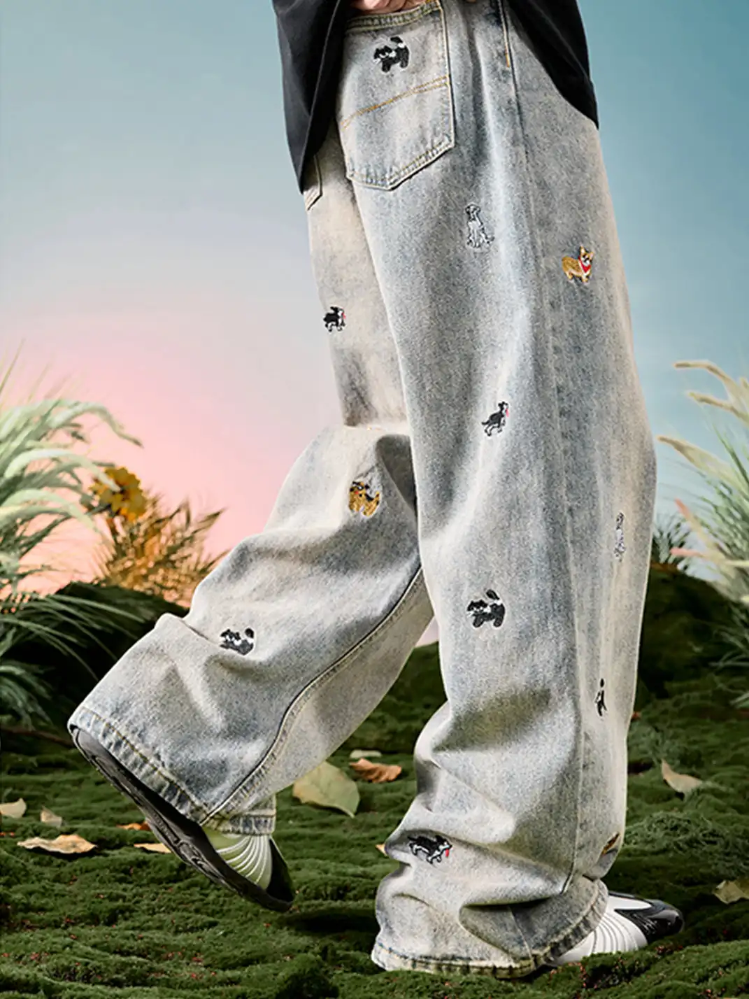 Nuthink | Dachshund Embroidered Wide-Leg Denim Pants