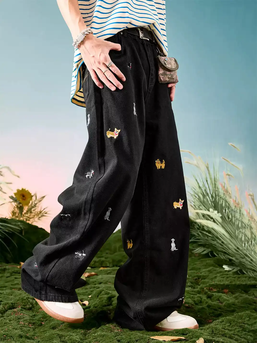 Nuthink | Dachshund Embroidered Wide-Leg Denim Pants