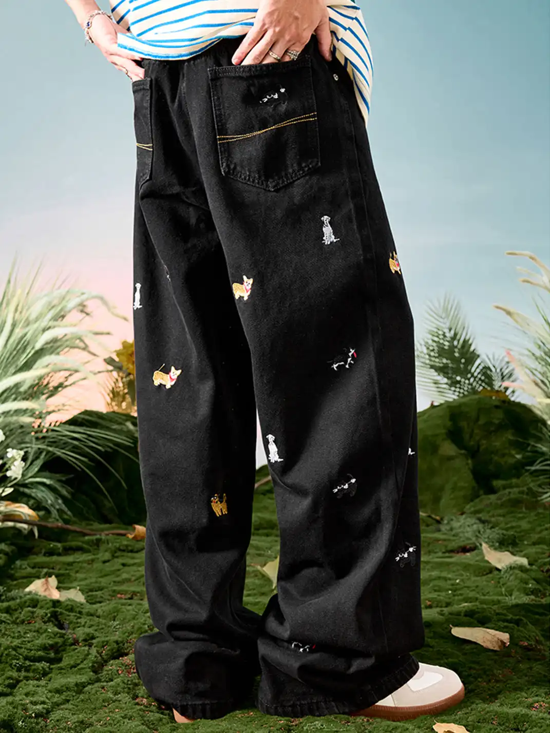 Nuthink | Dachshund Embroidered Wide-Leg Denim Pants
