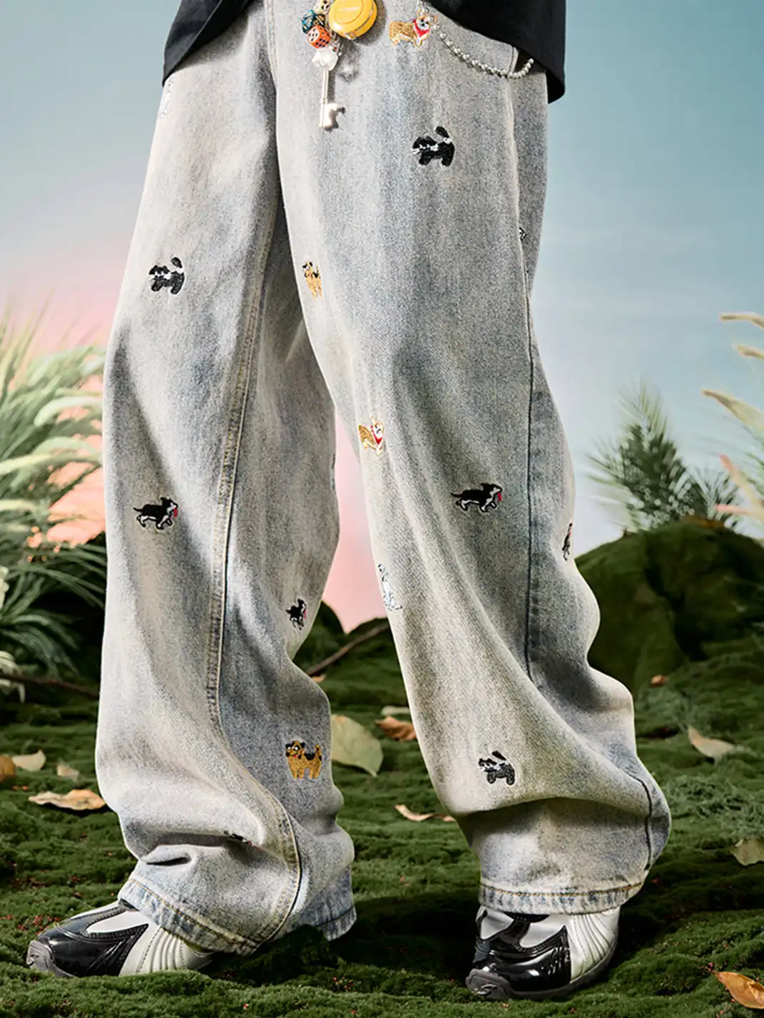 Nuthink | Dachshund Embroidered Wide-Leg Denim Pants