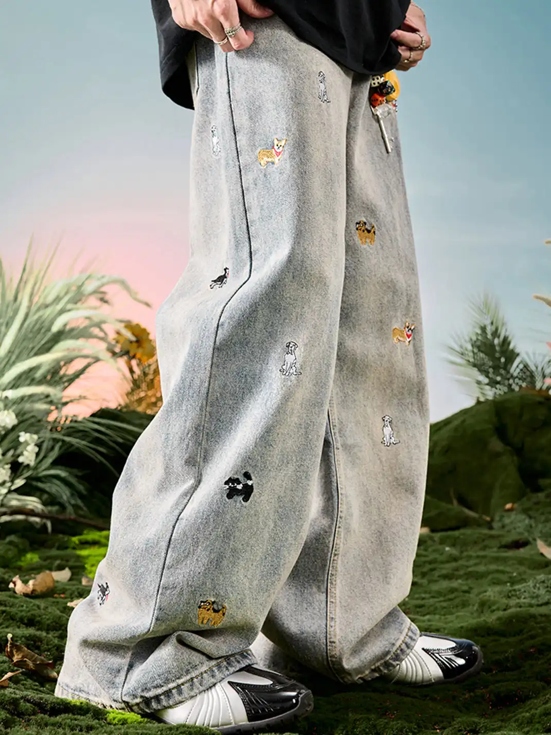 Nuthink | Dachshund Embroidered Wide-Leg Denim Pants