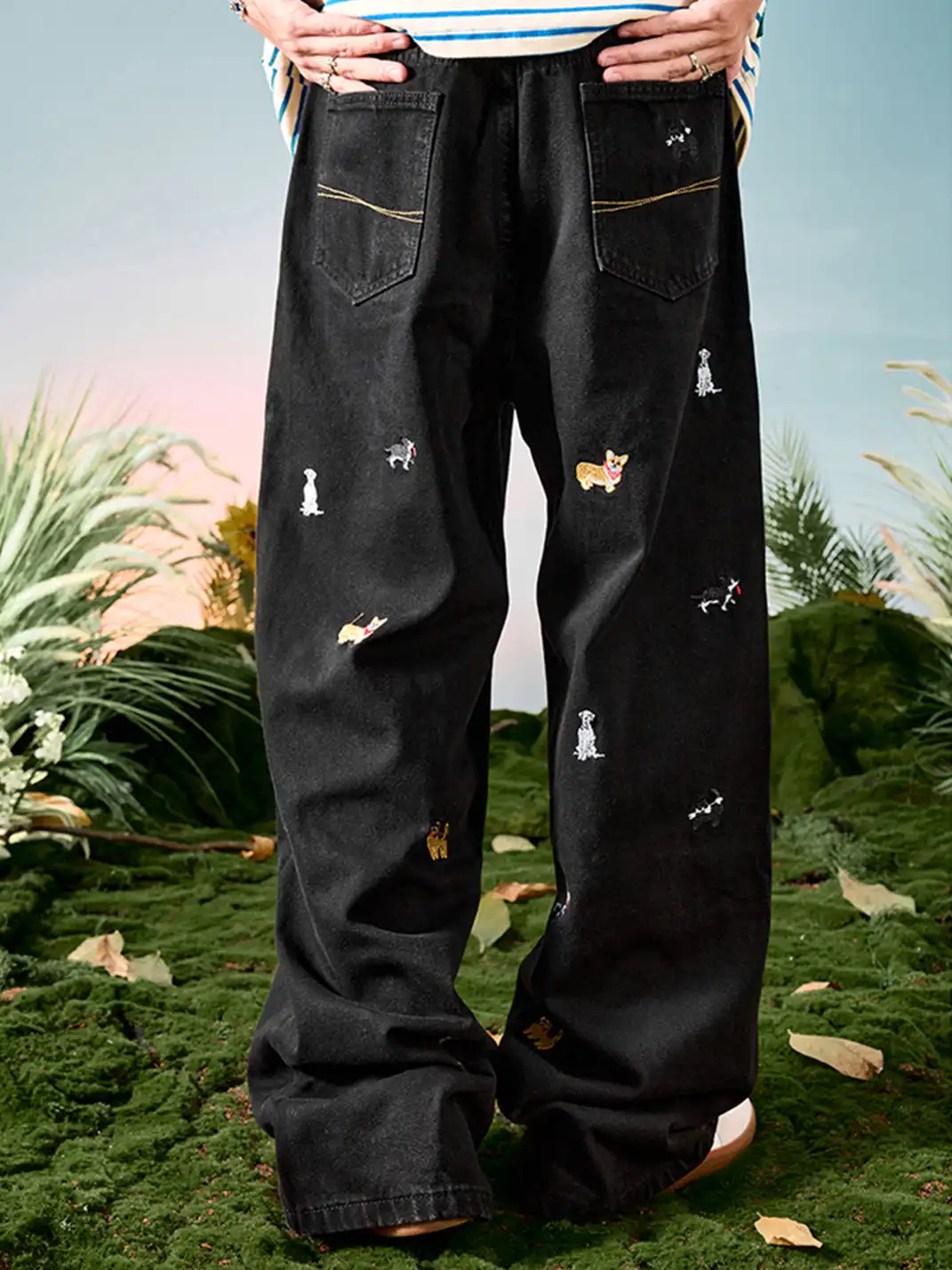 Nuthink | Dachshund Embroidered Wide-Leg Denim Pants