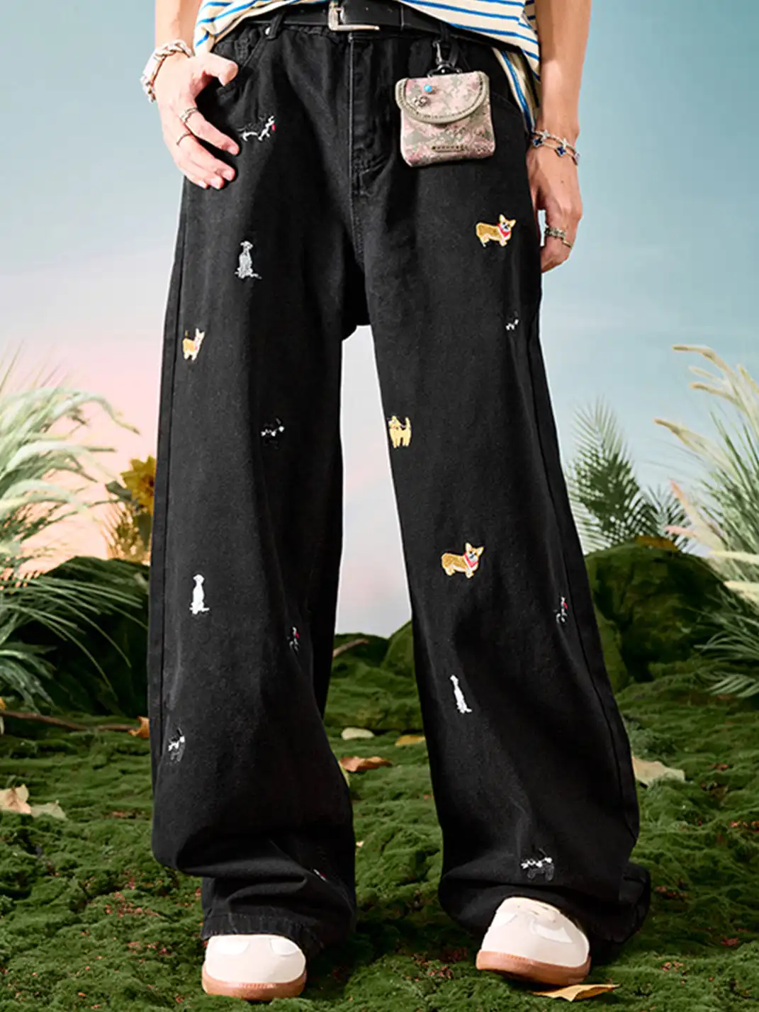 Nuthink | Dachshund Embroidered Wide-Leg Denim Pants