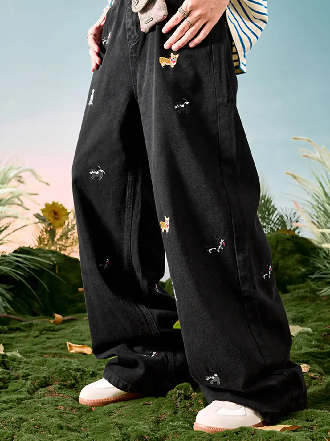 Nuthink | Dachshund Embroidered Wide-Leg Denim Pants