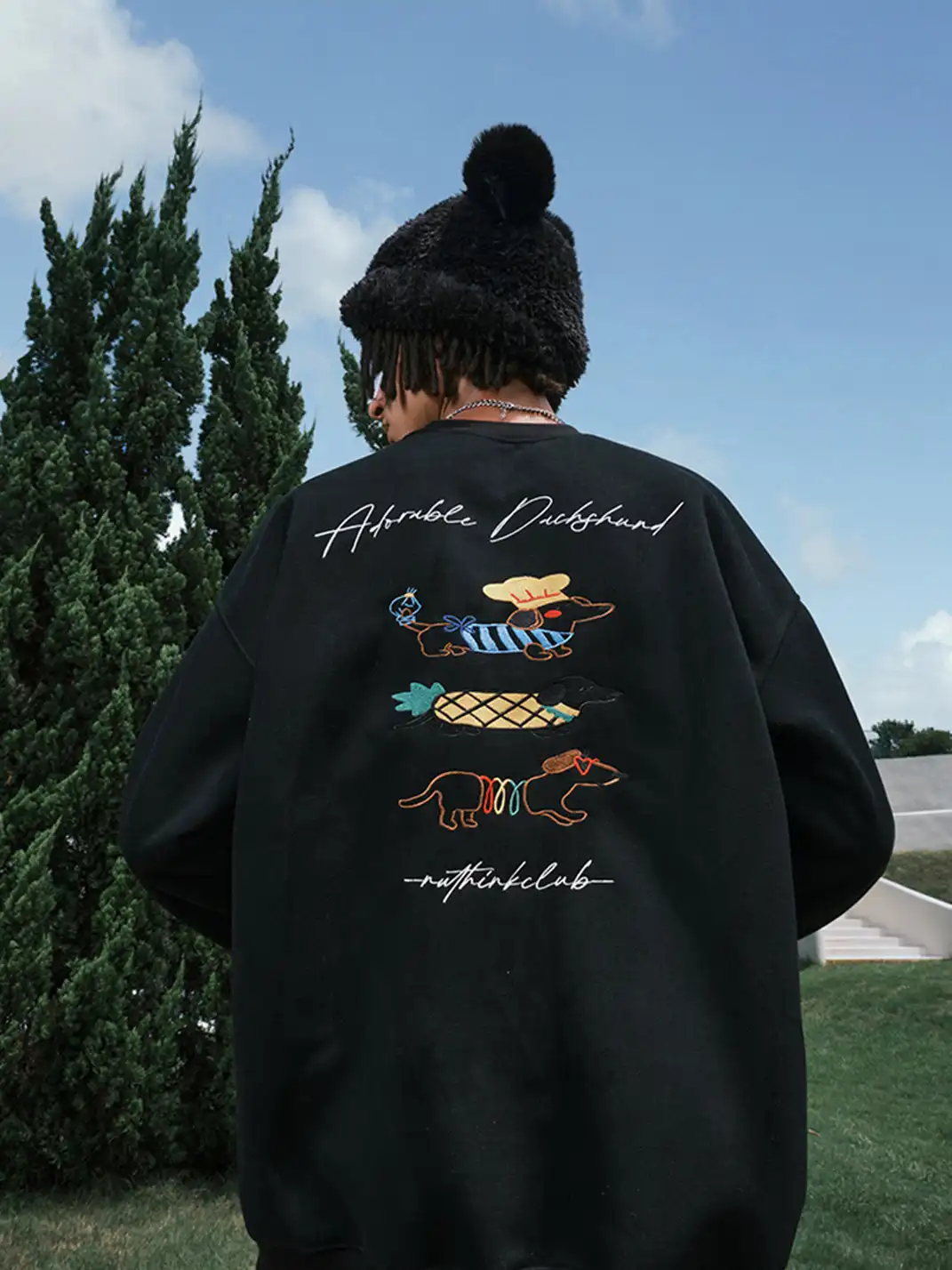Nuthink | Dachshund Embroidered Cartoon Sweatshirt