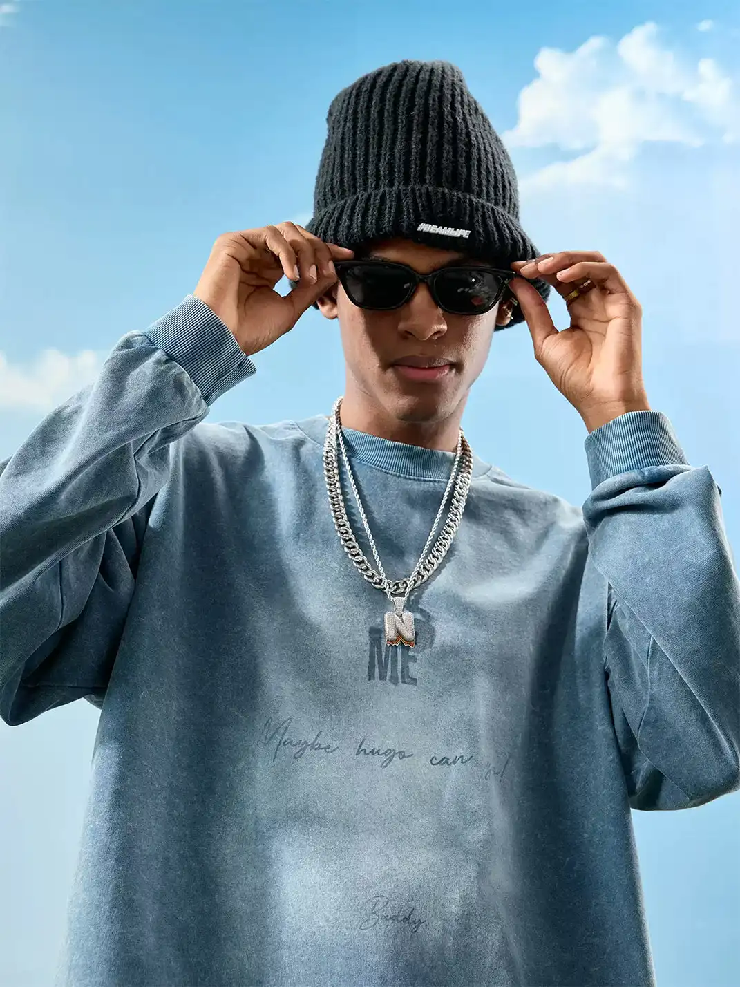 Nuthink | Washed Vintage Letter Print Long Sleeve T-shirt