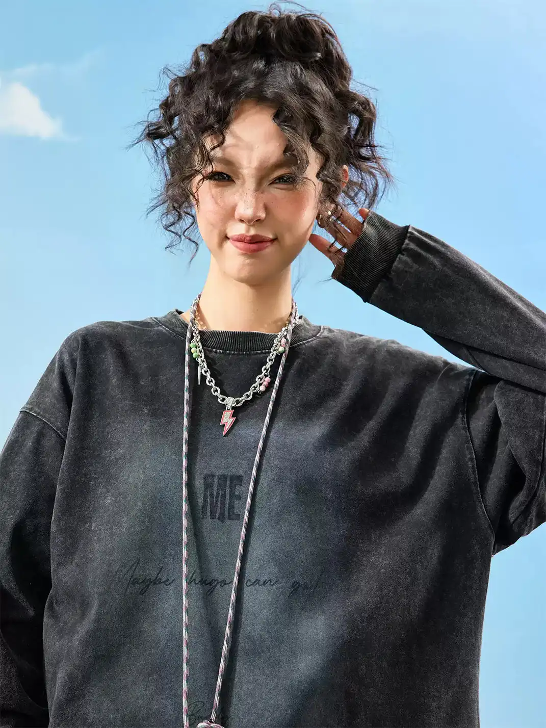 Nuthink | Washed Vintage Letter Print Long Sleeve T-shirt