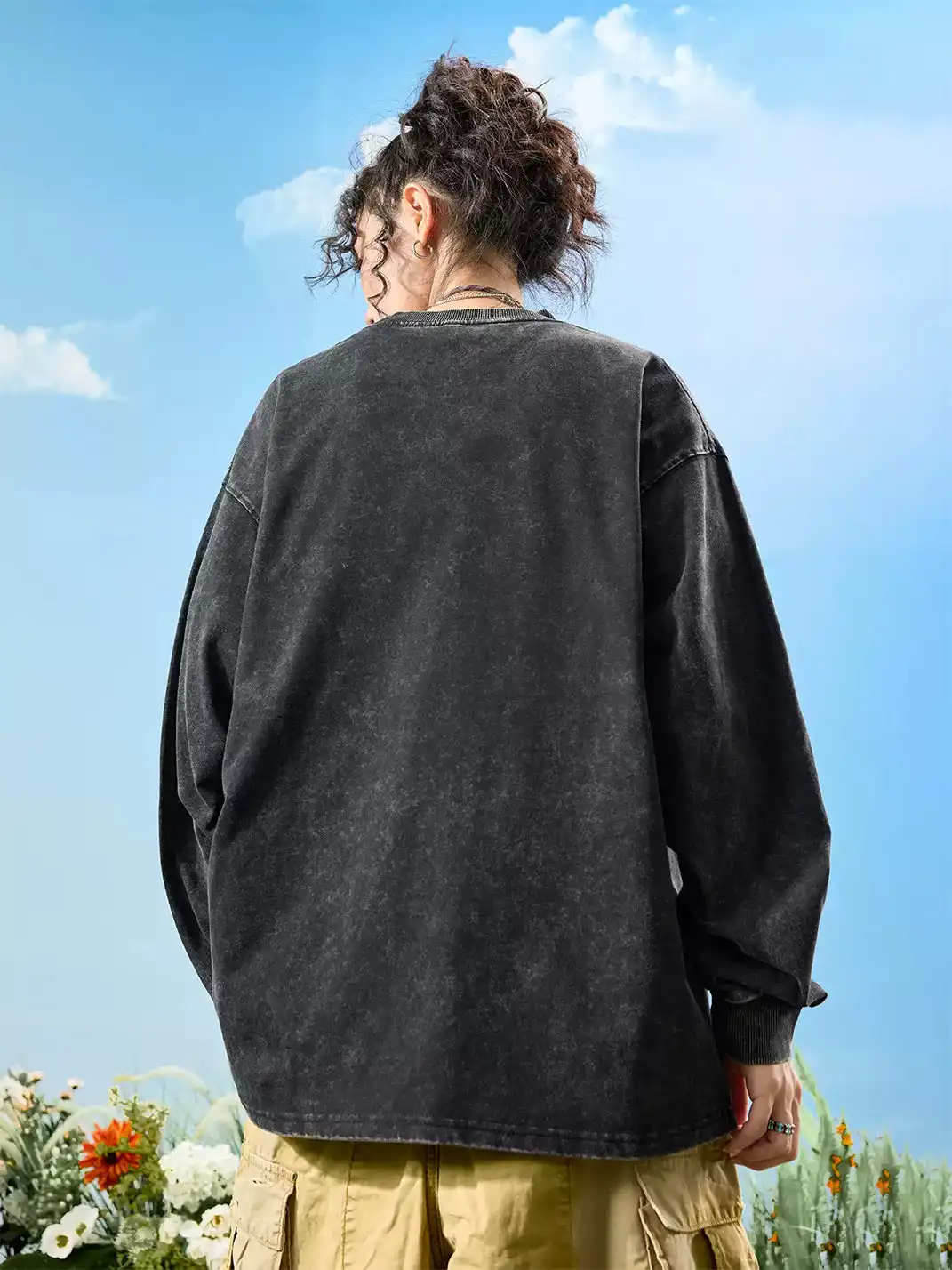 Nuthink | Washed Vintage Letter Print Long Sleeve T-shirt