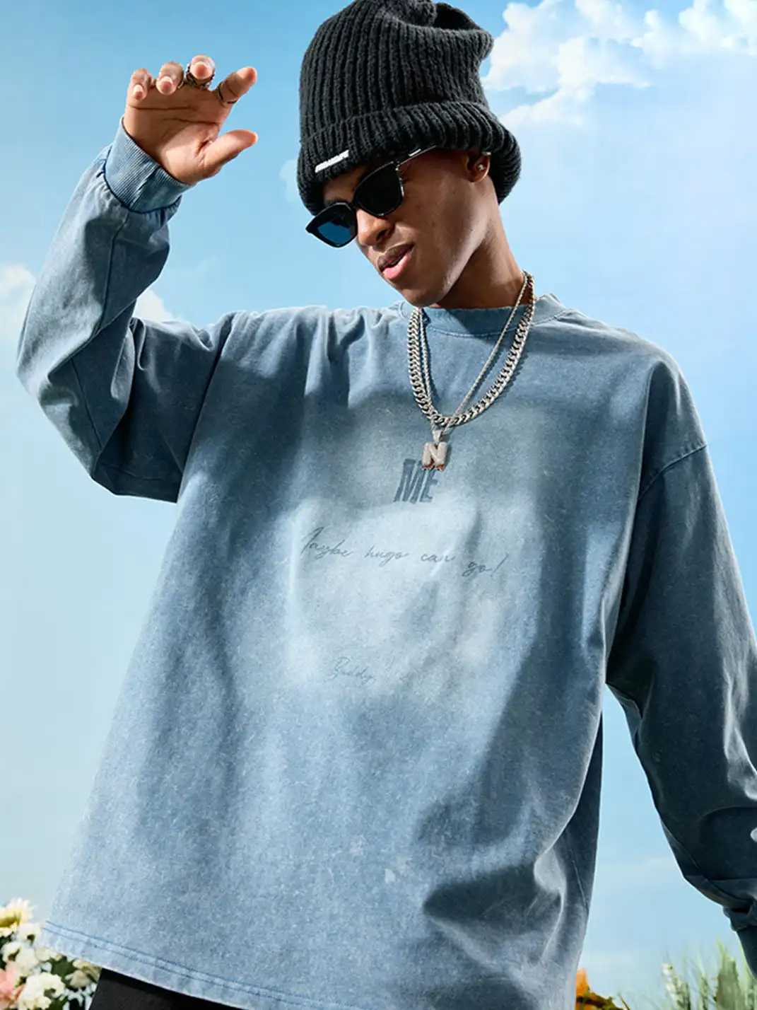 Nuthink | Washed Vintage Letter Print Long Sleeve T-shirt