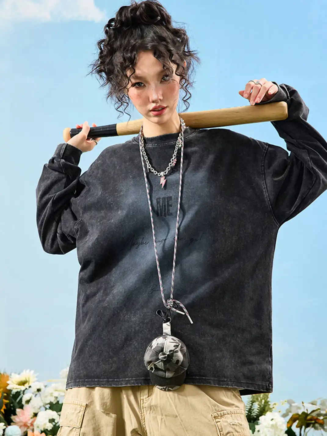 Nuthink | Washed Vintage Letter Print Long Sleeve T-shirt