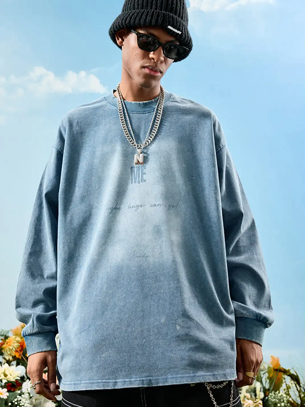 Nuthink | Washed Vintage Letter Print Long Sleeve T-shirt