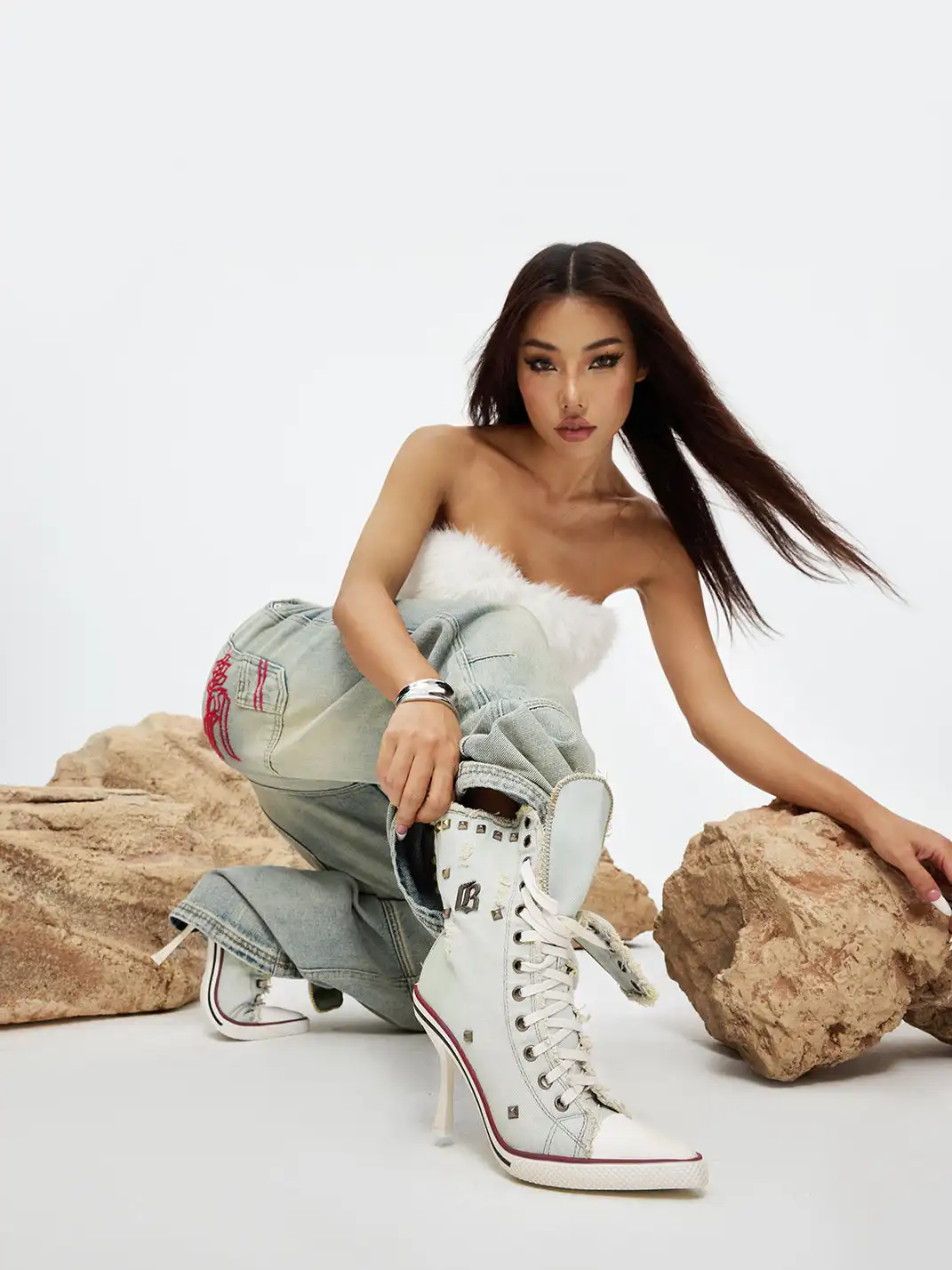 UnicornBlood丨Distressed Studded Canvas High Heels