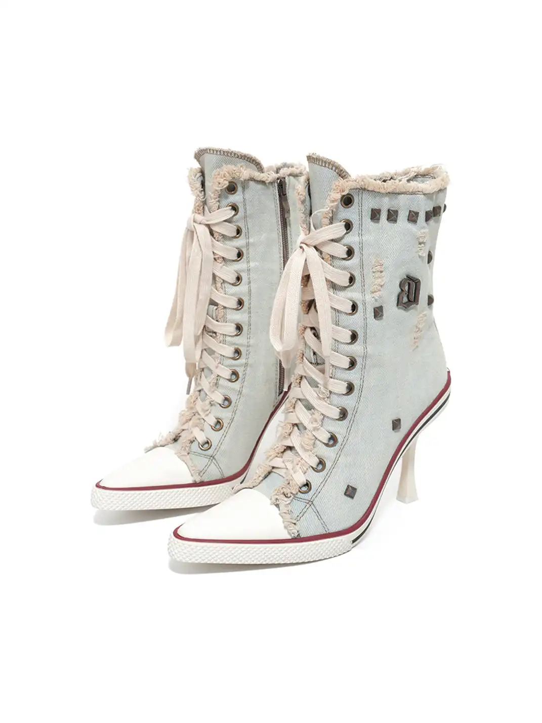 UnicornBlood丨Distressed Studded Canvas High Heels