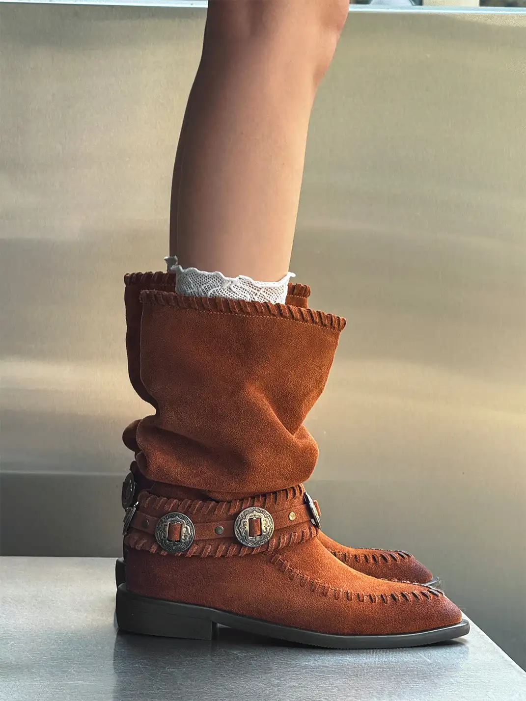 GSL | Retro Western Buckle Detail Suede Mid-calf Boots