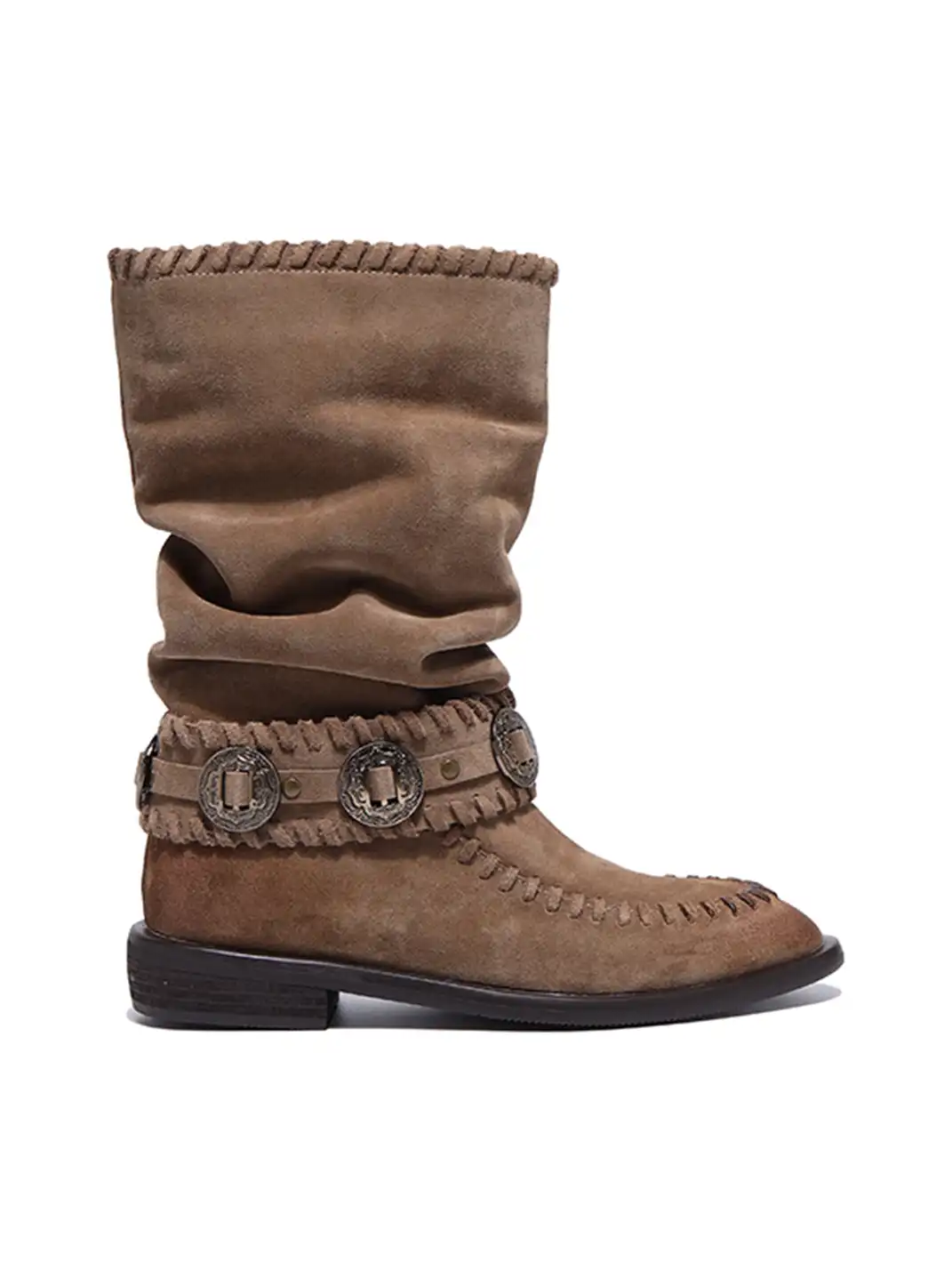 GSL | Retro Western Buckle Detail Suede Mid-calf Boots