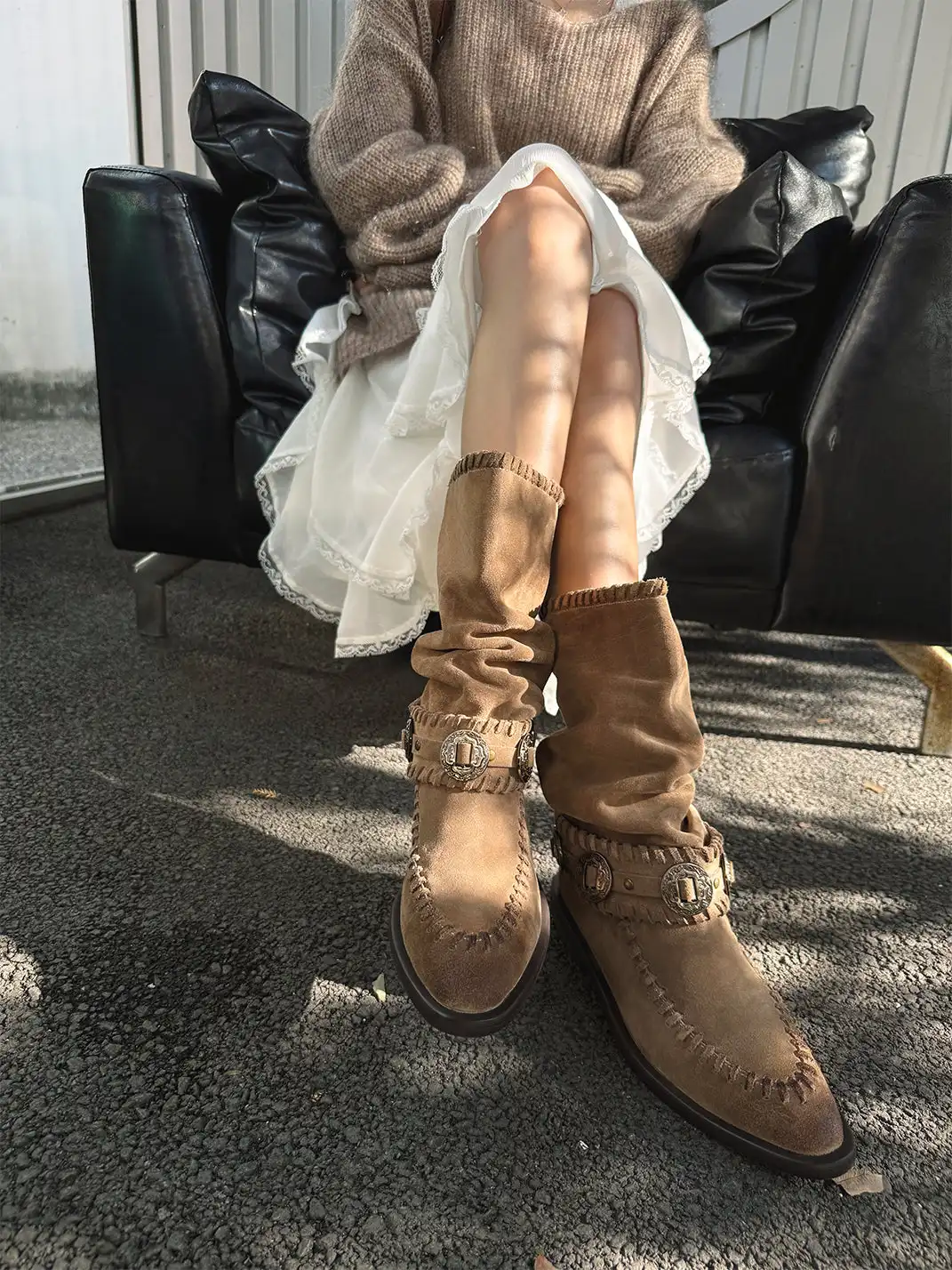 GSL | Retro Western Buckle Detail Suede Mid-calf Boots