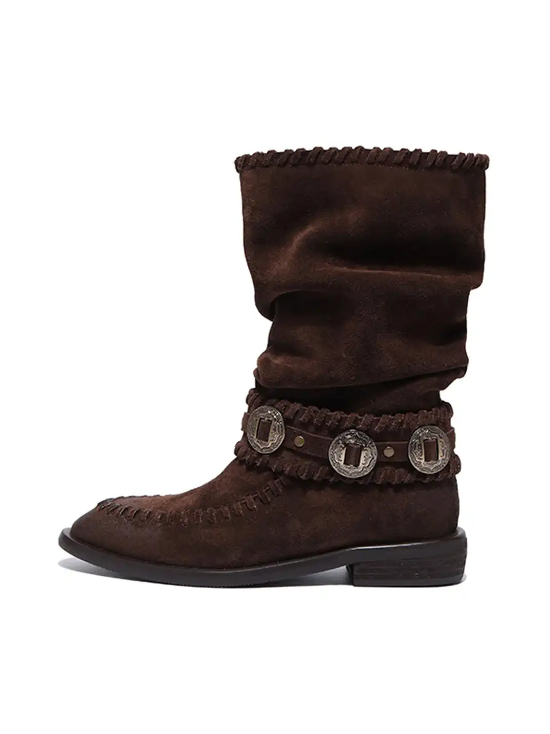 GSL | Retro Western Buckle Detail Suede Mid-calf Boots