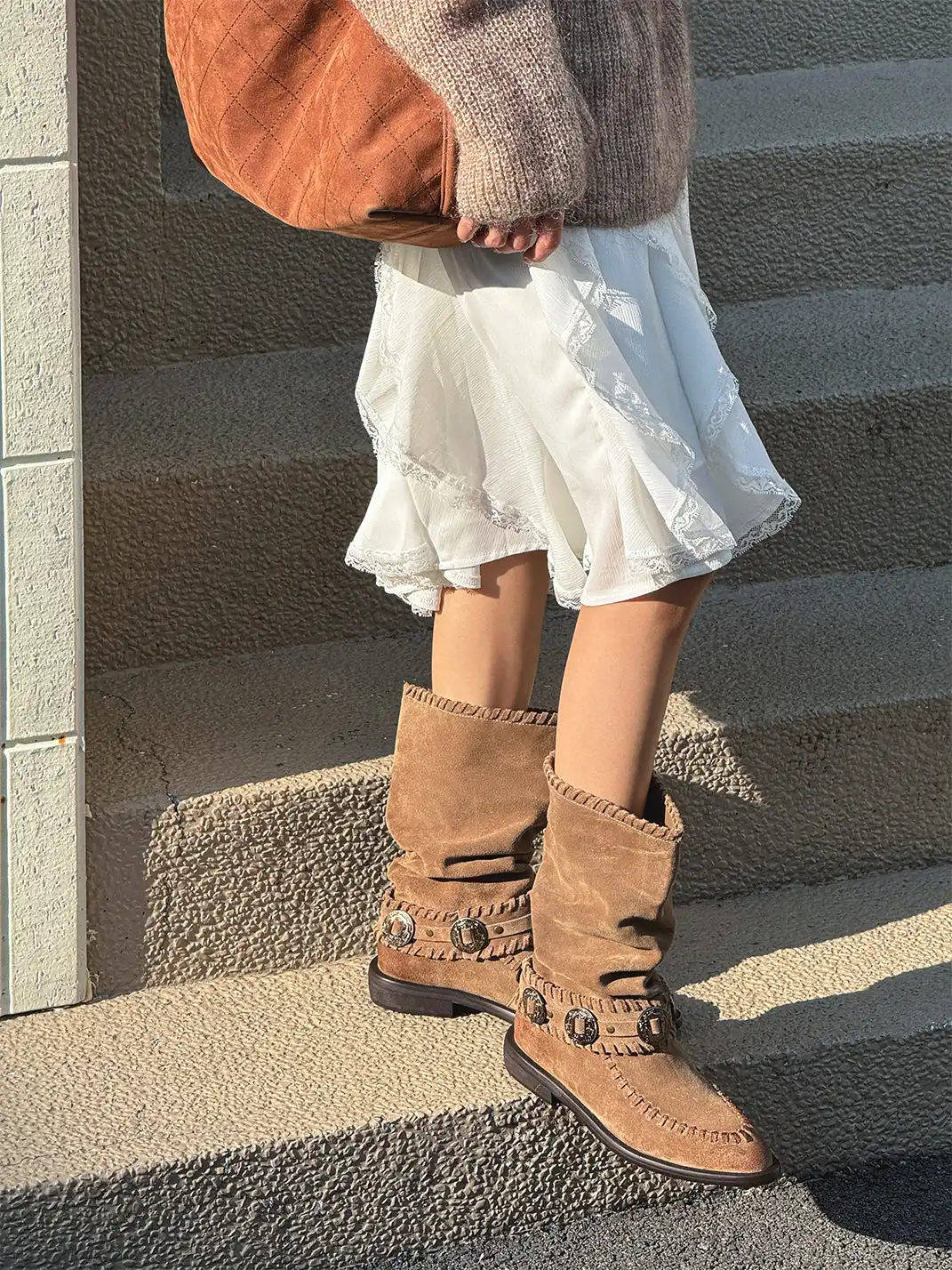 GSL | Retro Western Buckle Detail Suede Mid-calf Boots