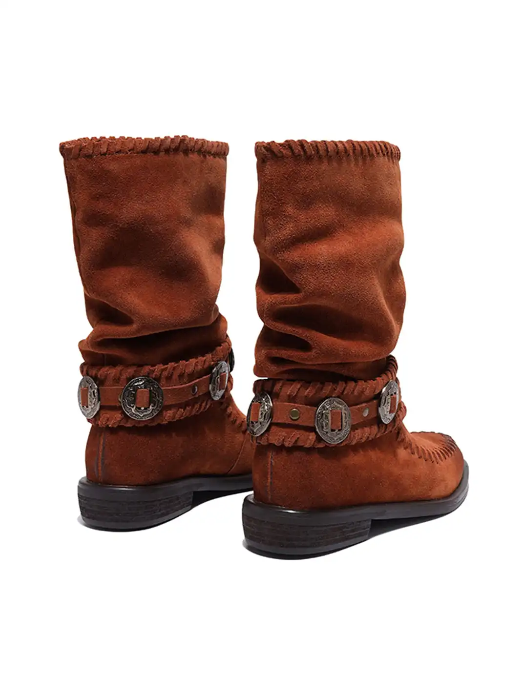 GSL | Retro Western Buckle Detail Suede Mid-calf Boots