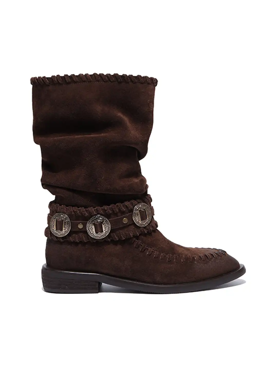 GSL | Retro Western Buckle Detail Suede Mid-calf Boots