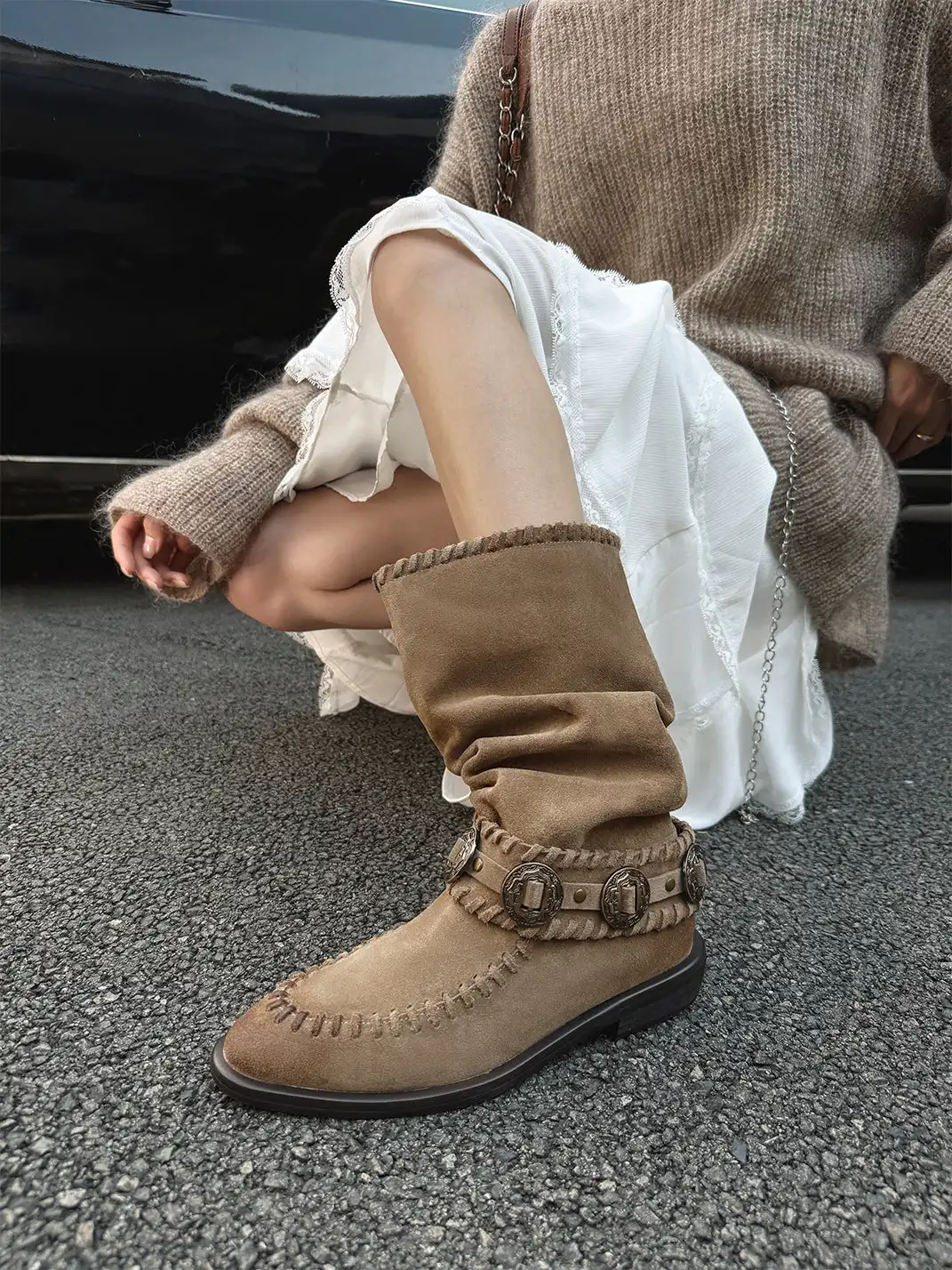 GSL | Retro Western Buckle Detail Suede Mid-calf Boots