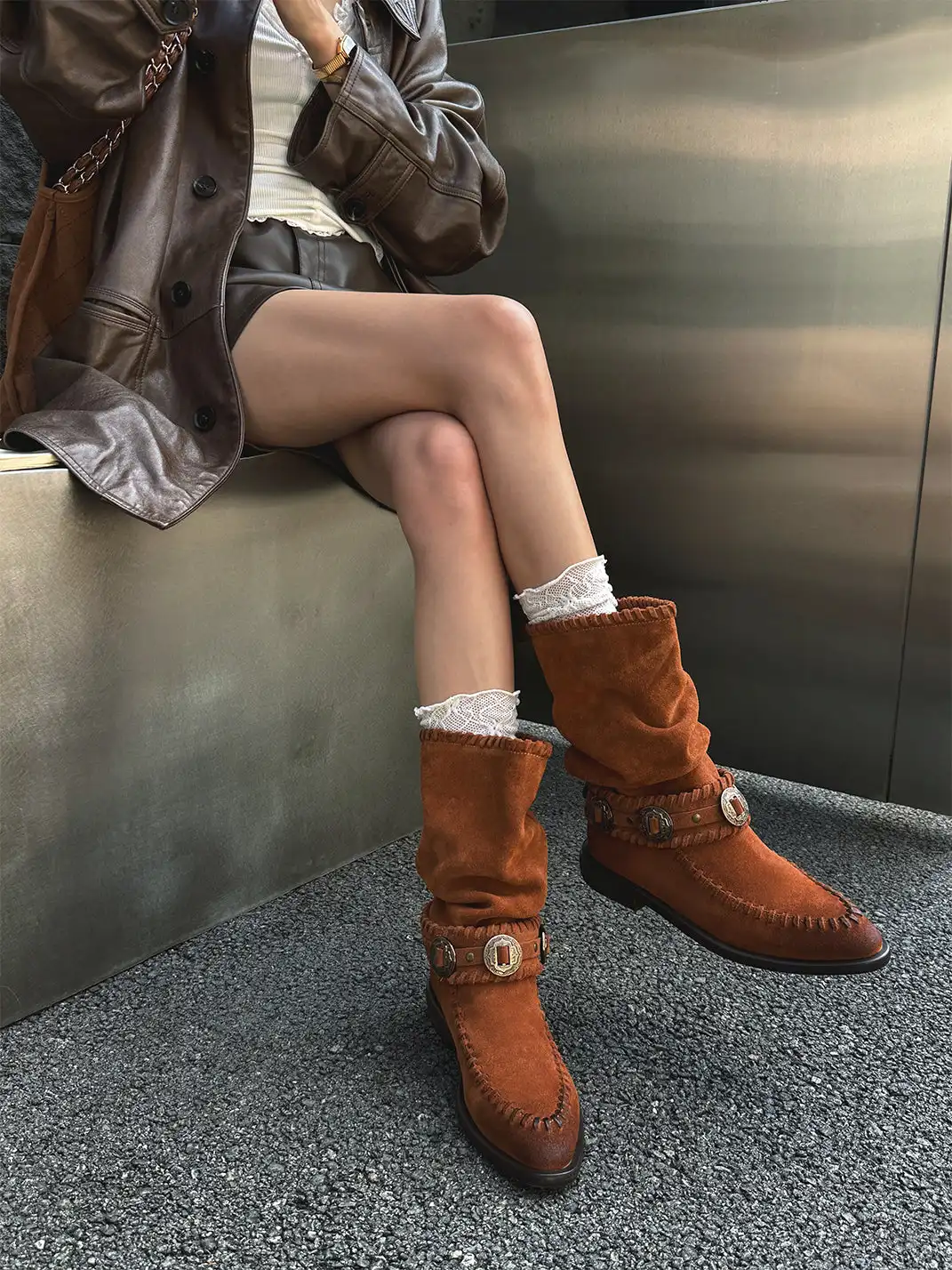 GSL | Retro Western Buckle Detail Suede Mid-calf Boots