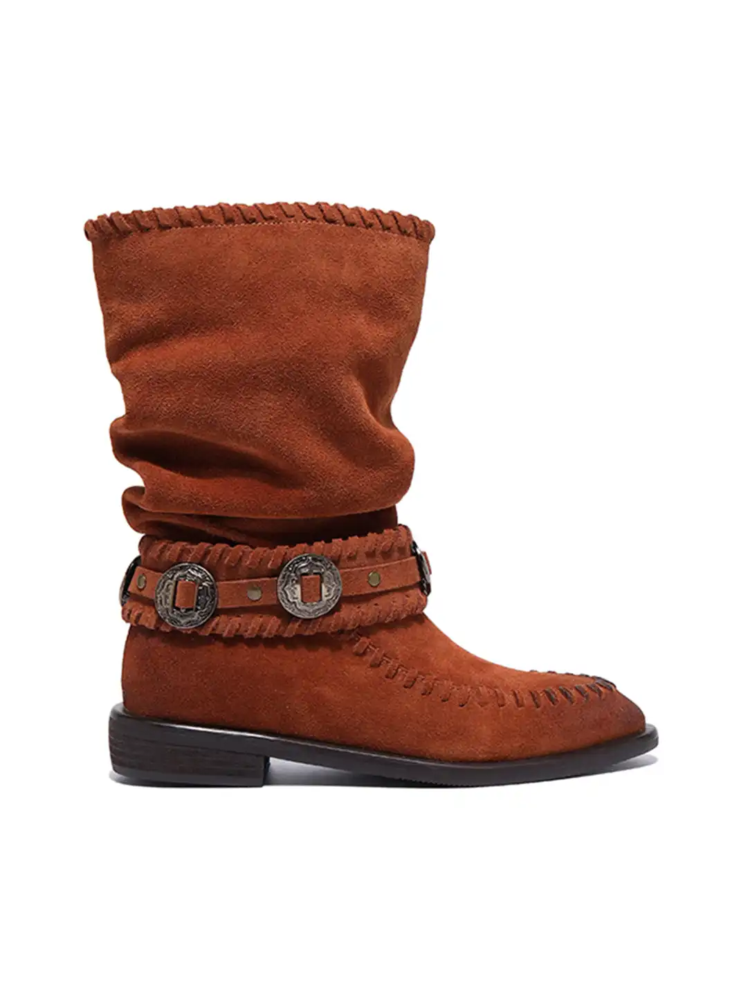 GSL | Retro Western Buckle Detail Suede Mid-calf Boots
