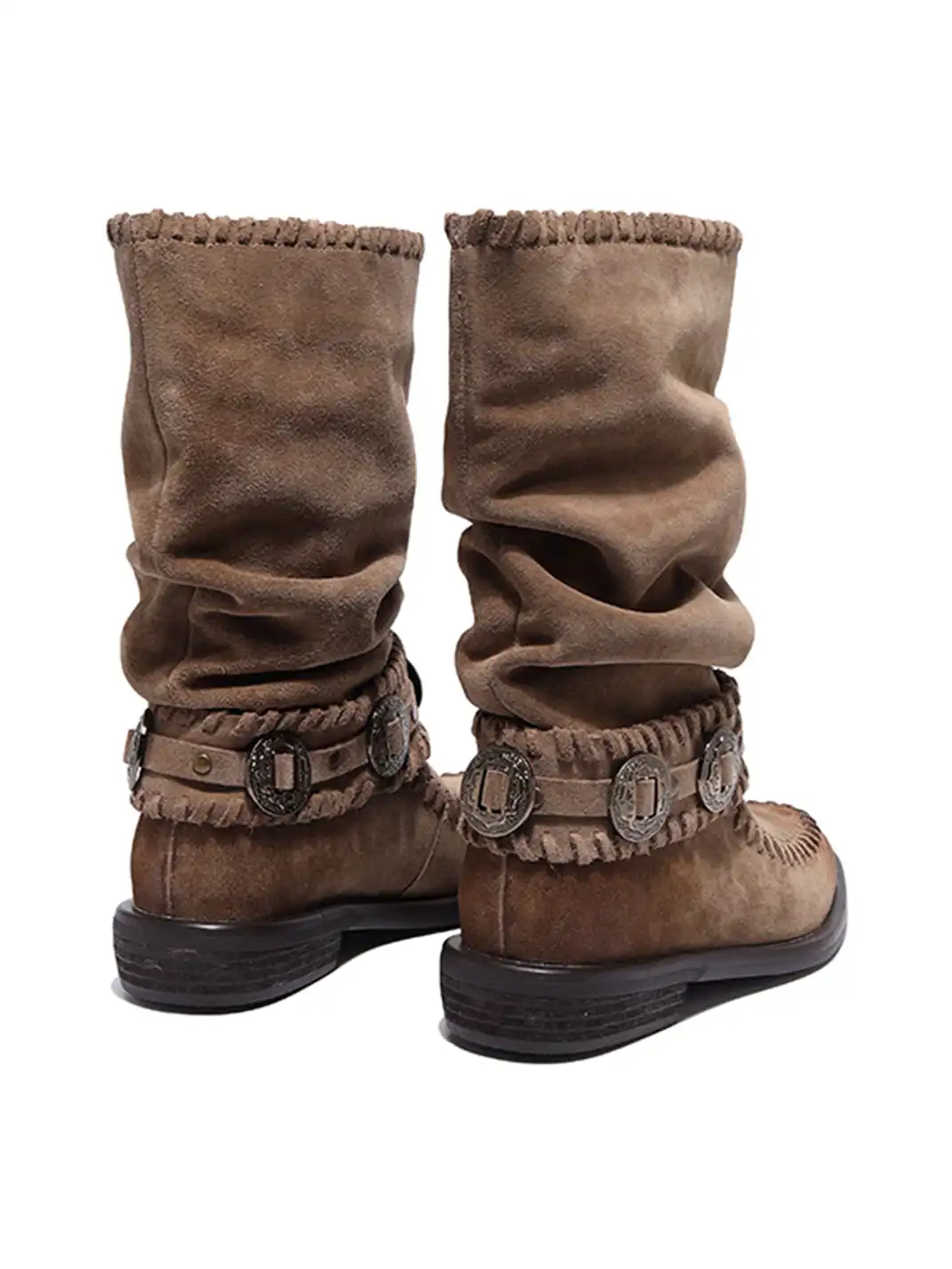 GSL | Retro Western Buckle Detail Suede Mid-calf Boots