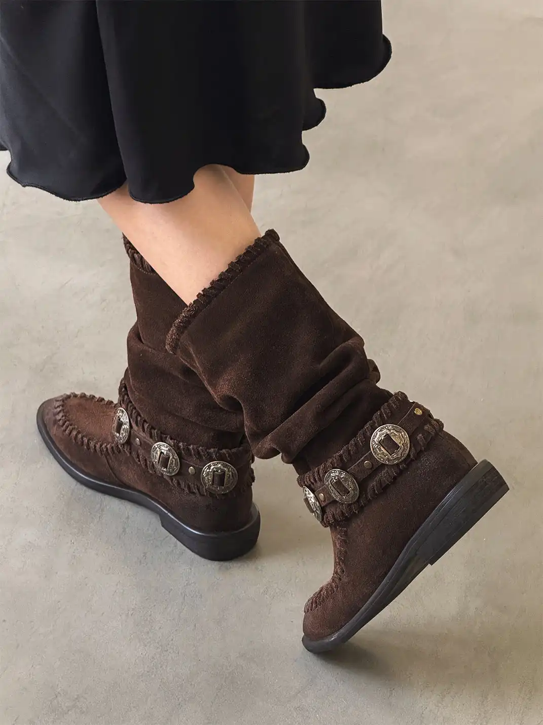 GSL | Retro Western Buckle Detail Suede Mid-calf Boots