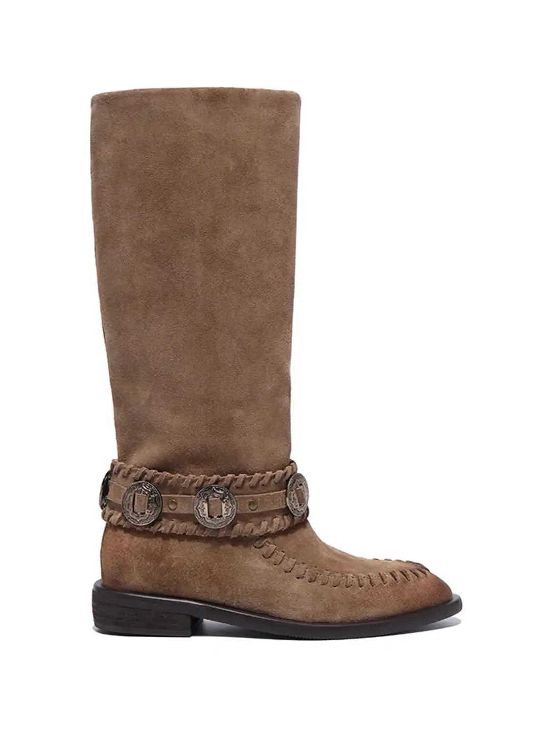 GSL | Retro Western High Shaft Suede Boots with Metal Buckles