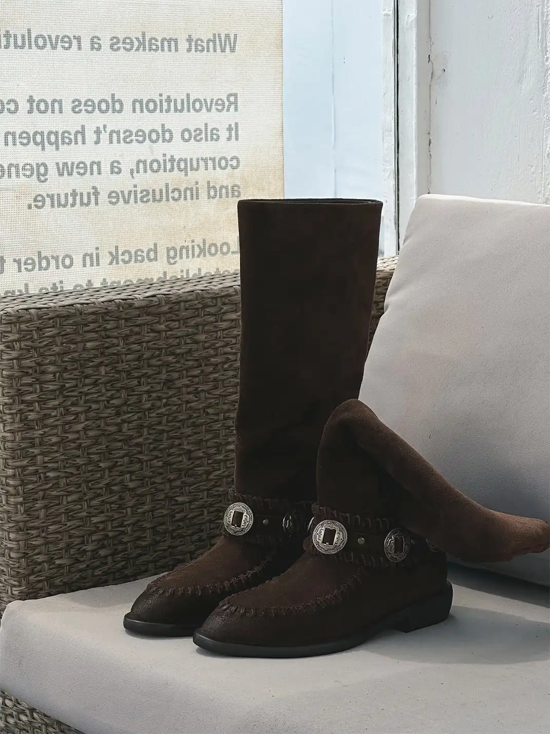 GSL | Retro Western High Shaft Suede Boots with Metal Buckles