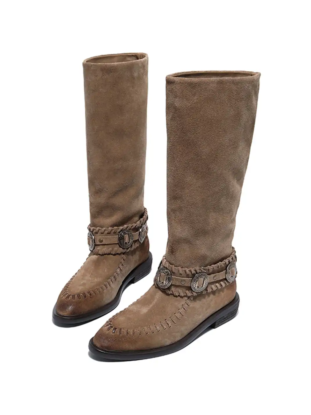 GSL | Retro Western High Shaft Suede Boots with Metal Buckles