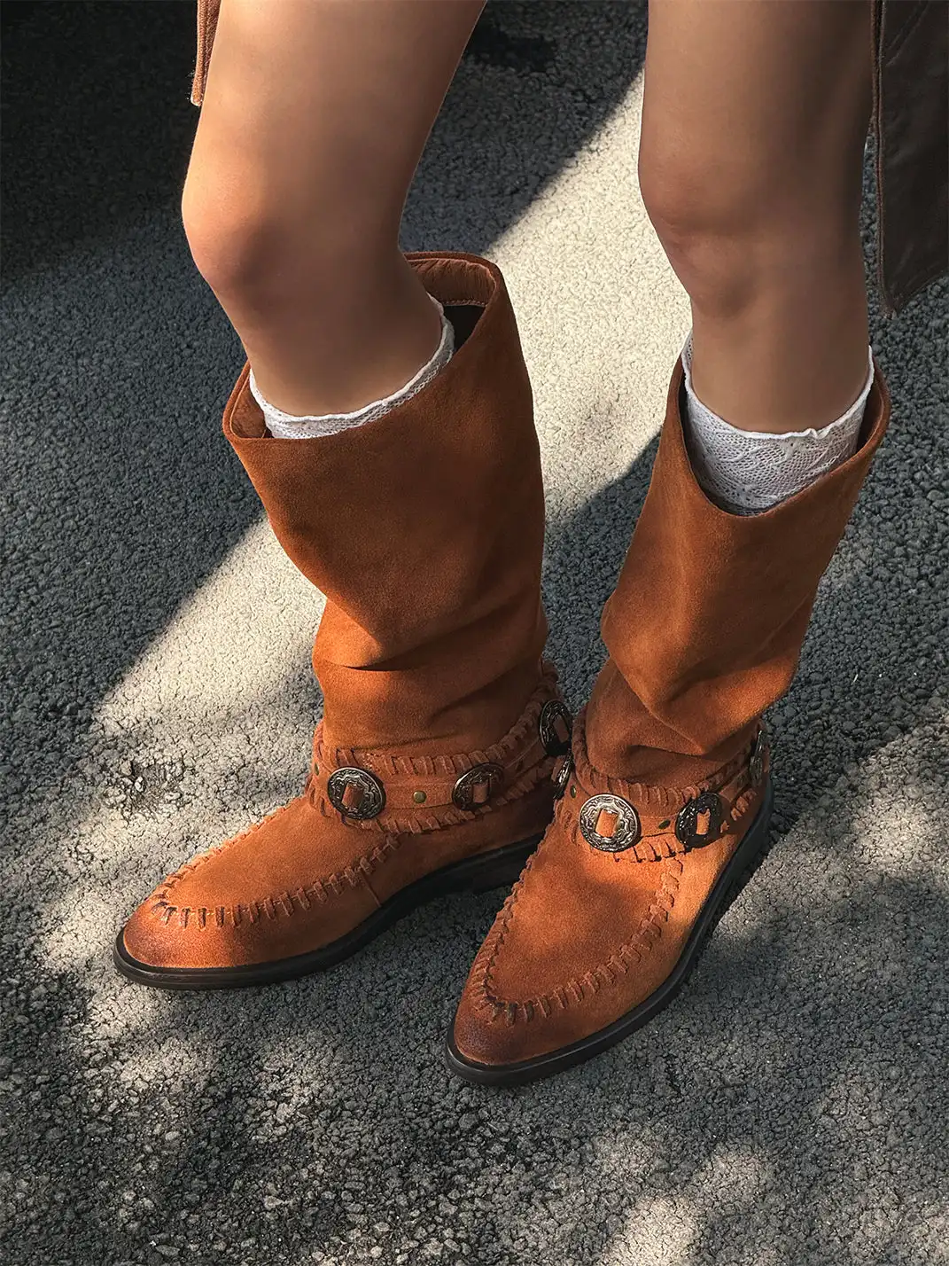 GSL | Retro Western High Shaft Suede Boots with Metal Buckles