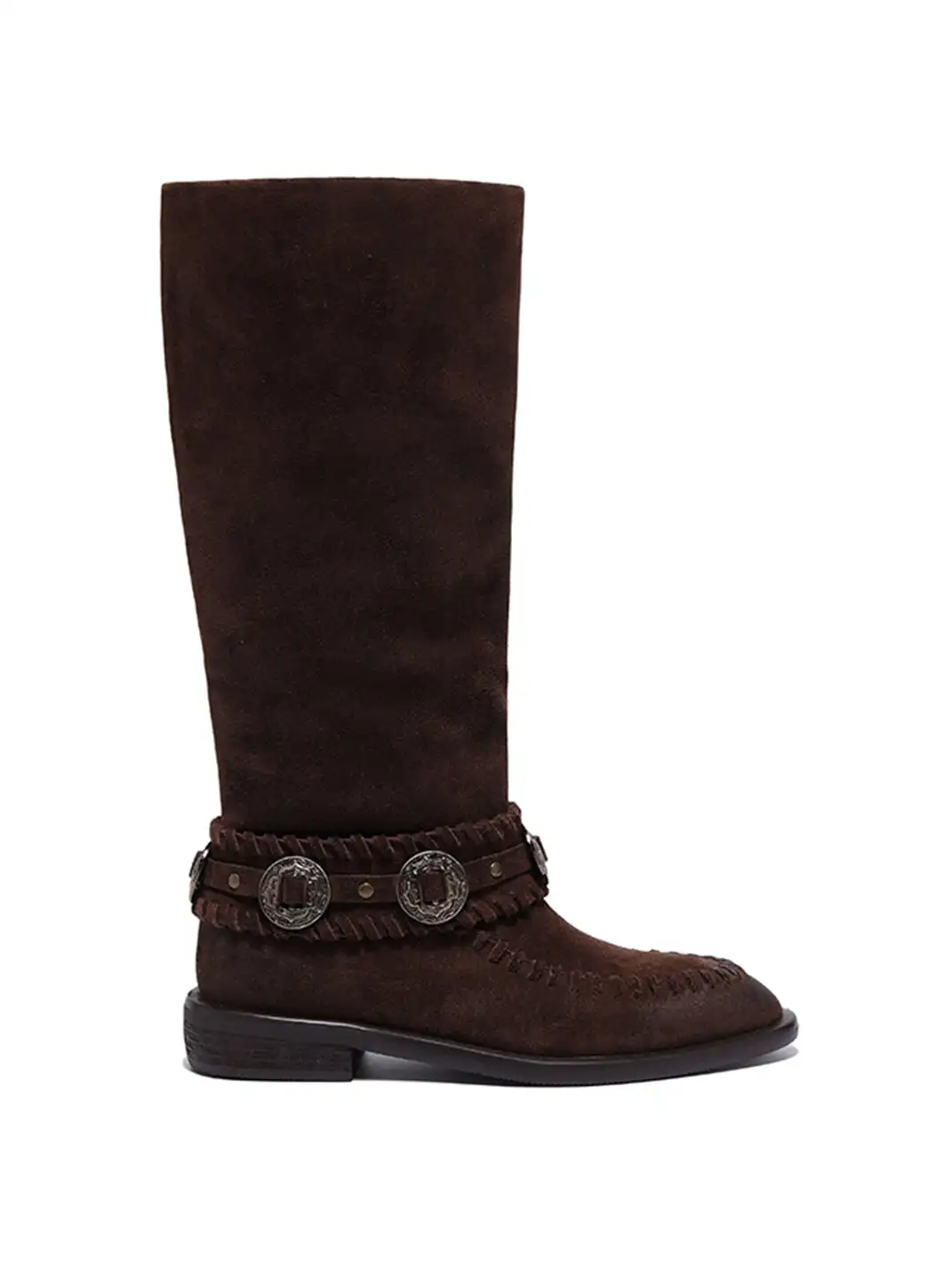 GSL | Retro Western High Shaft Suede Boots with Metal Buckles