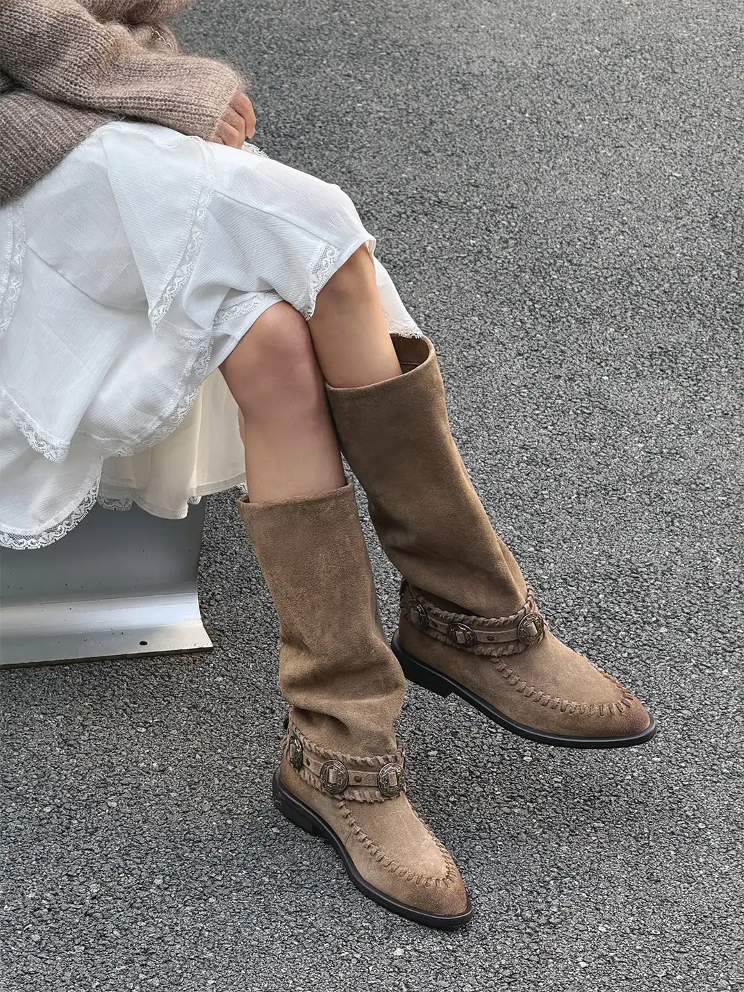 GSL | Retro Western High Shaft Suede Boots with Metal Buckles