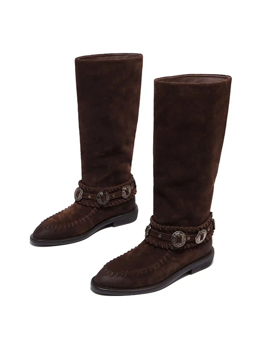 GSL | Retro Western High Shaft Suede Boots with Metal Buckles