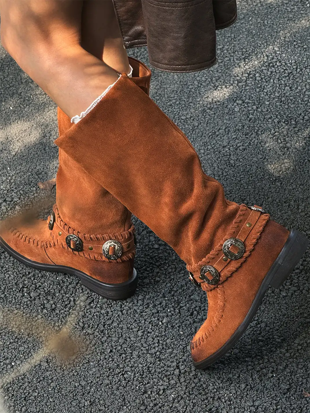 GSL | Retro Western High Shaft Suede Boots with Metal Buckles