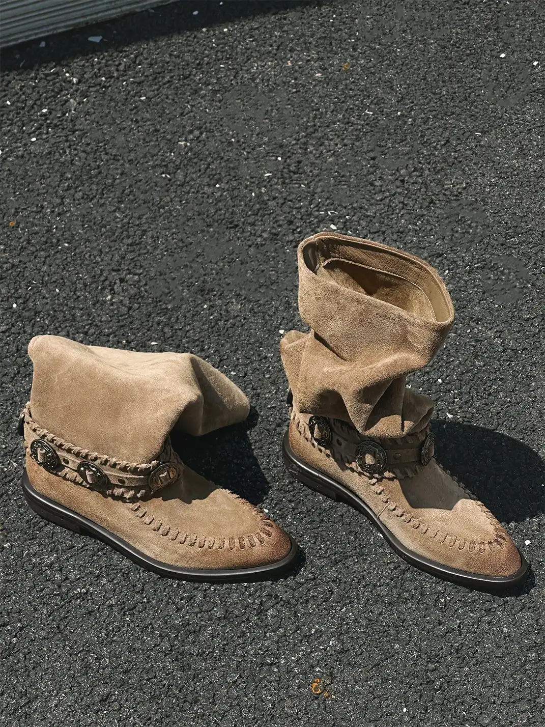 GSL | Retro Western High Shaft Suede Boots with Metal Buckles