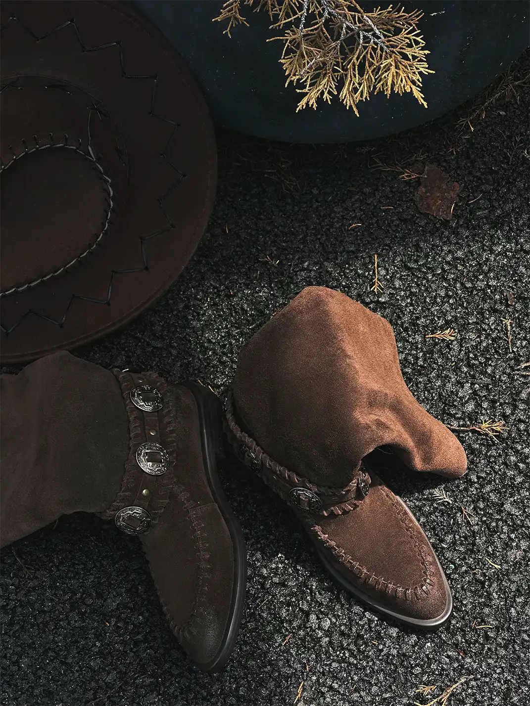 GSL | Retro Western High Shaft Suede Boots with Metal Buckles