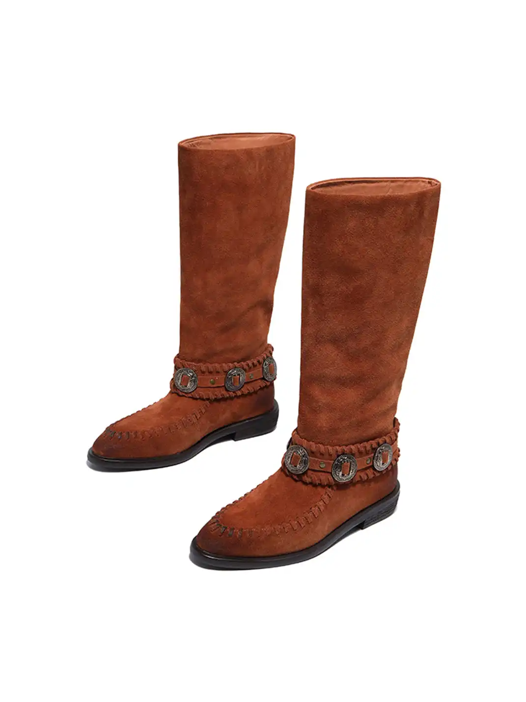 GSL | Retro Western High Shaft Suede Boots with Metal Buckles