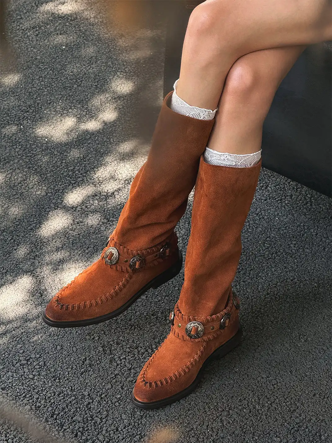 GSL | Retro Western High Shaft Suede Boots with Metal Buckles