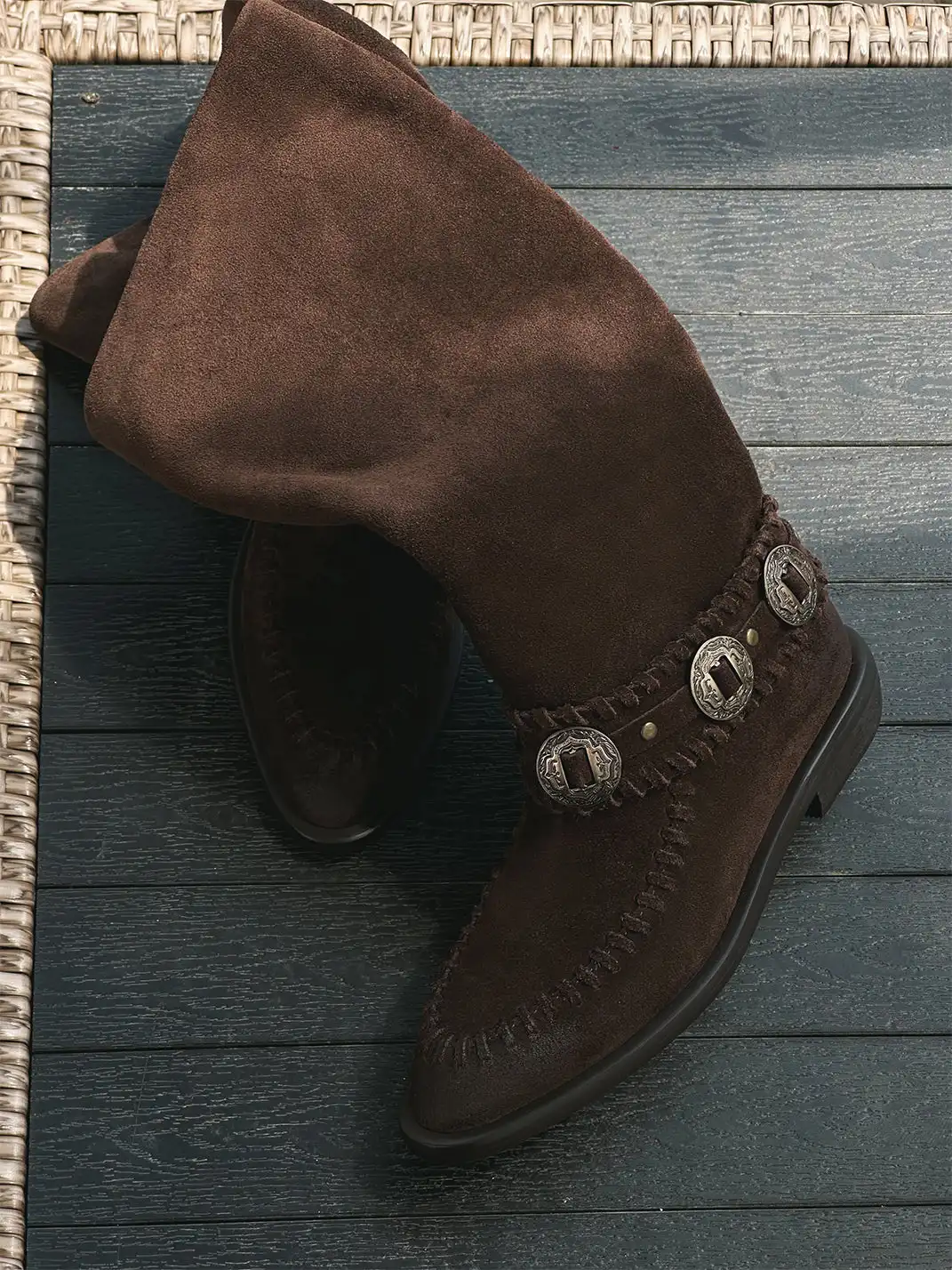 GSL | Retro Western High Shaft Suede Boots with Metal Buckles