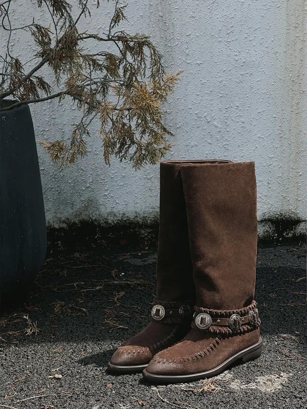 GSL | Retro Western High Shaft Suede Boots with Metal Buckles