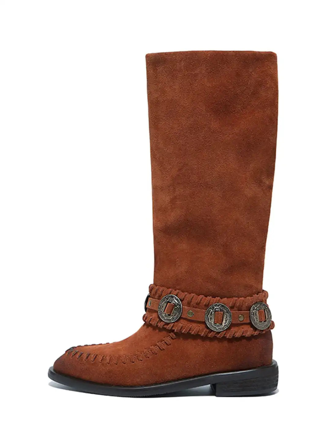 GSL | Retro Western High Shaft Suede Boots with Metal Buckles