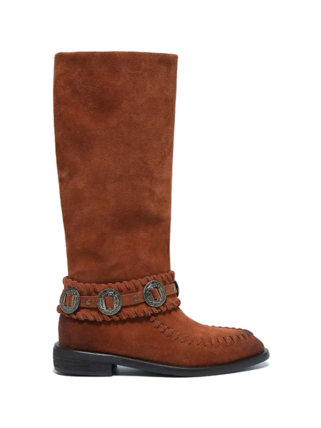 GSL | Retro Western High Shaft Suede Boots with Metal Buckles