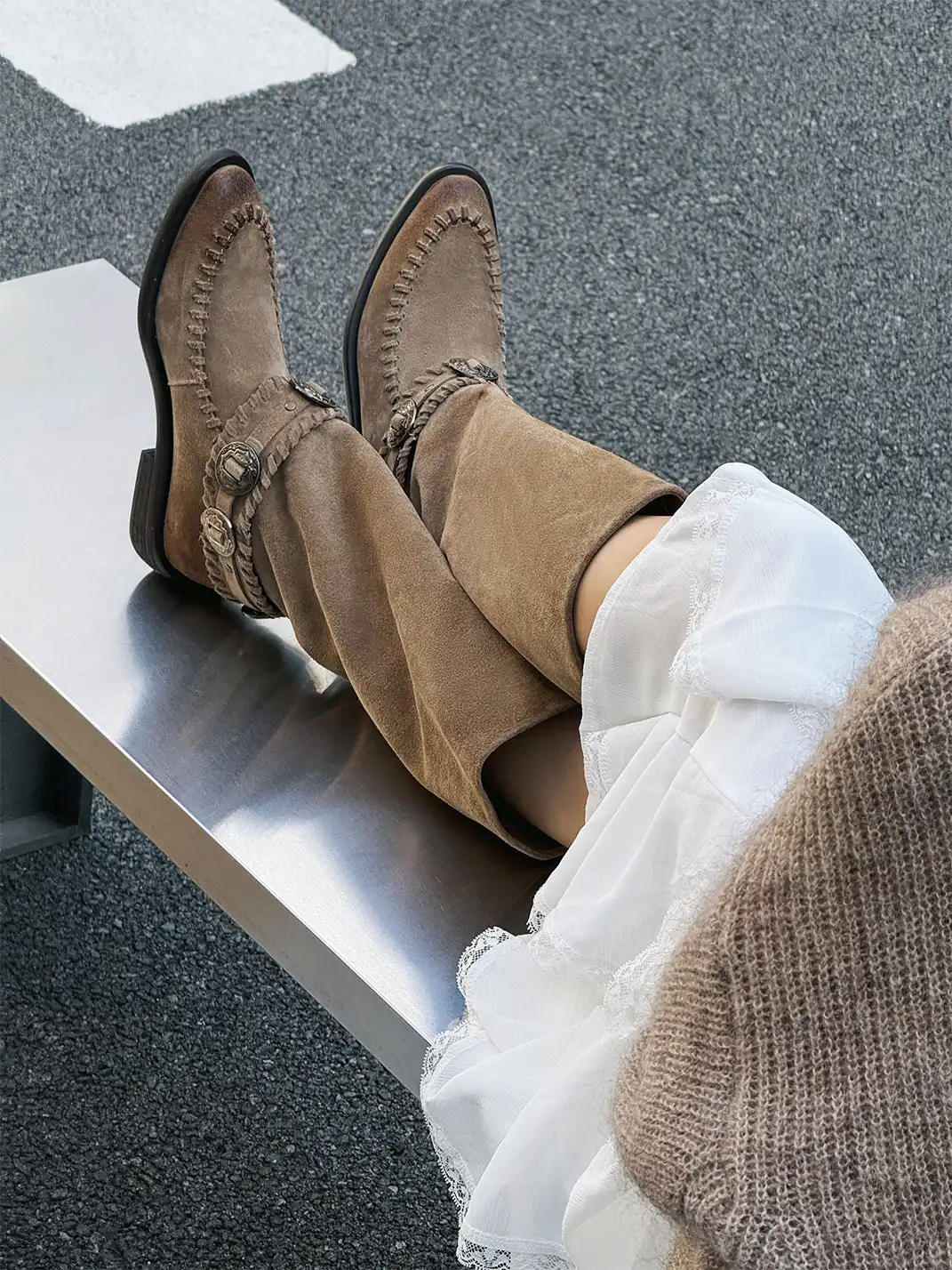 GSL | Retro Western High Shaft Suede Boots with Metal Buckles