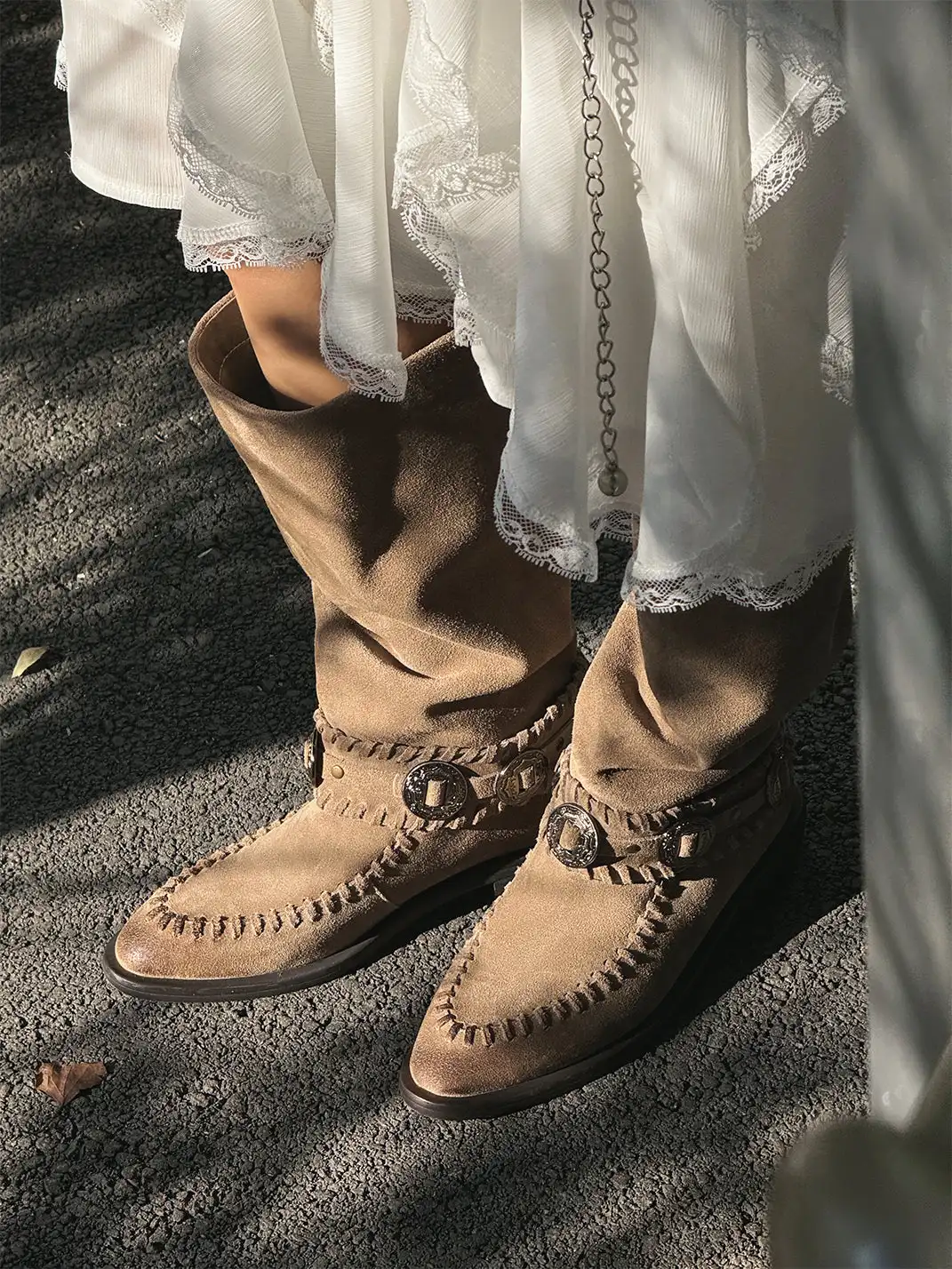 GSL | Retro Western High Shaft Suede Boots with Metal Buckles