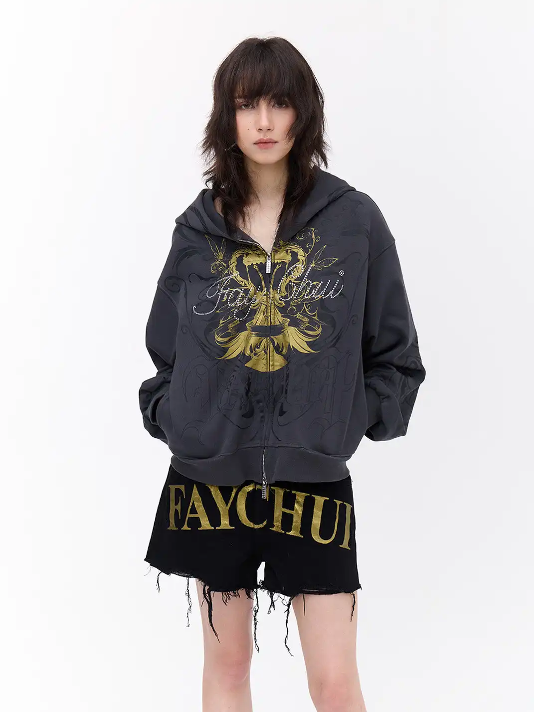 FayChui | Vintage Wash Gold Print Hoodie Jacket