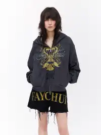 FayChui | Vintage Wash Gold Print Hoodie Jacket