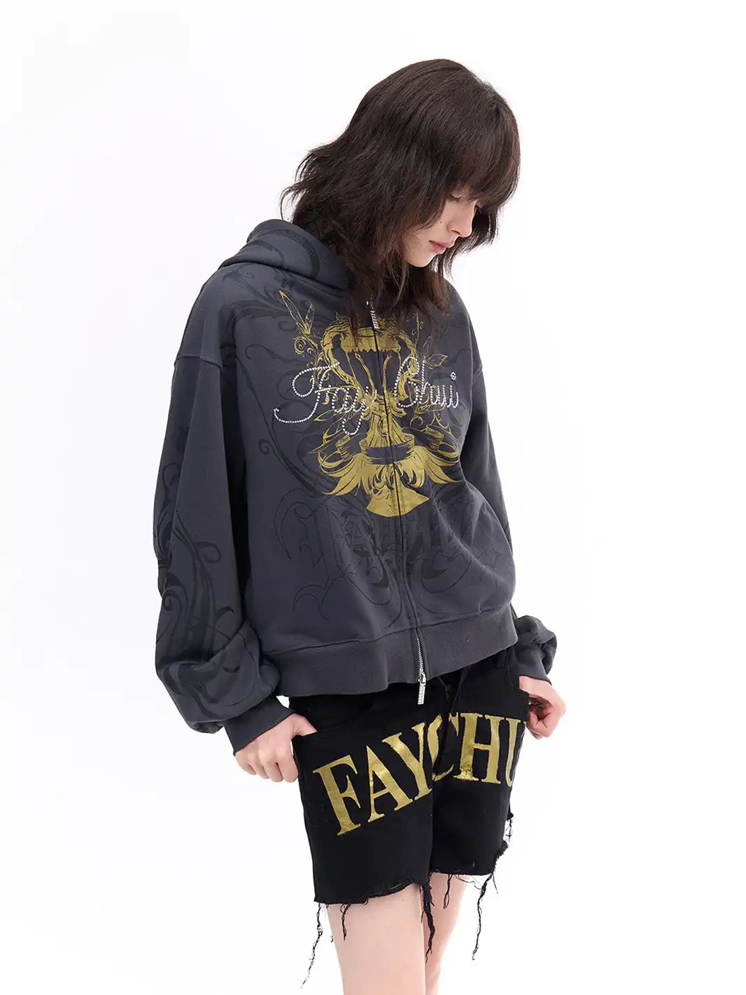 FayChui | Vintage Wash Gold Print Hoodie Jacket
